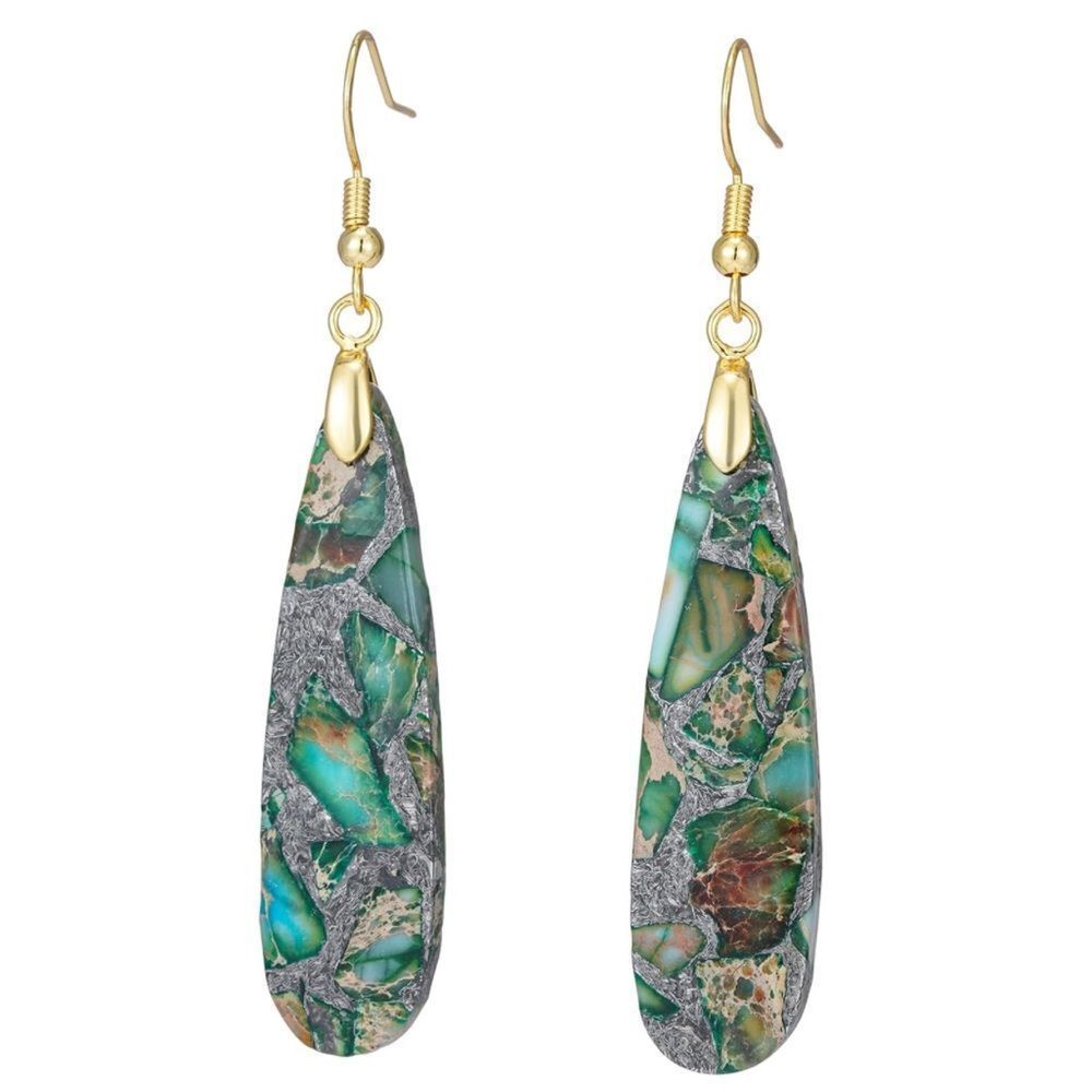 18k Yellow Gold With Natural Imperial Green Jasper Stone Dangling Hook Earrings